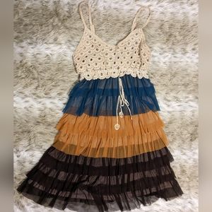 J. Gee Soft Tulle Blue Brown Crochet Mini Dress